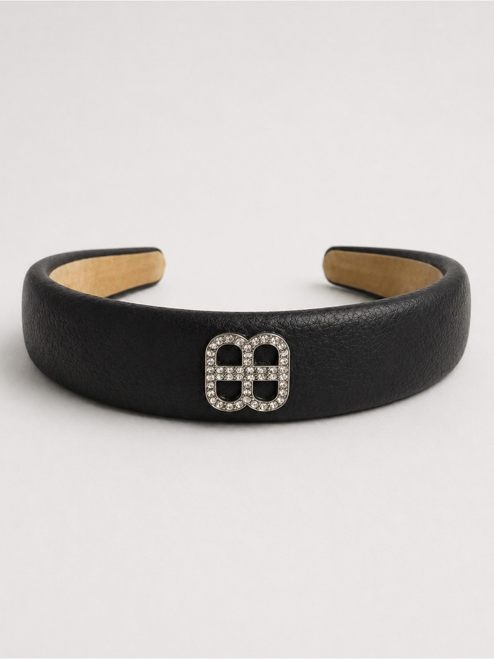 Balenciaga Black Leather Padded Headband with Crystal BB Emblem - Picture 2 of 5